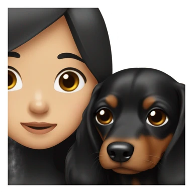 an Asian girl with long hair, wear black dress, hugging a black and tan long haired dachshund sticker