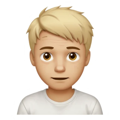 Male with short, messy blonde hair, large expressive golden-brown eyes, light brown skin, subtle facial bruises and scratches, crooked smile showing slightly damaged teeth, wearing a plain white t-shirt, friendly but creepy expression. sticker