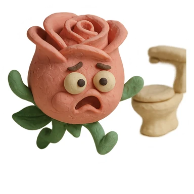 soft pink rose flower character in claymation style with puffed cheeks, dark round eyes, round chubby body, curled rose petals on top, stubby green leaf arms and legs, pastel tones, chibi round shape, panicked expression with bulging eyes, flailing leaf arms, rushing to the bathroom sticker