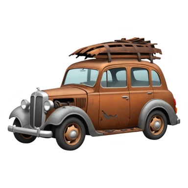 Side view of a broken-down old car with steam from the open bonnet, shattered windows, rusted doors, a flat tire, dents, peeling paint, and a grimy, neglected look. sticker