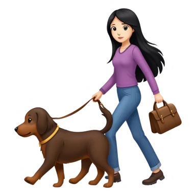 A girl with long black hair walks a big brown dog sticker