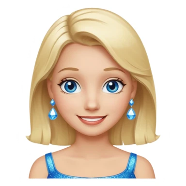 make this real, blond, below shoulder, blue eyes, 50s, sparkle in the eyes, fun, smile, no earings, relaxed style sticker