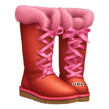 Pair of hyper Realistic Red Ugg Fur Boots laced out with pink silk ribbon laces at the back of them. sticker
