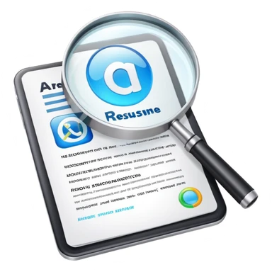 AI Resume Analyzer App logo with document and magnifying glass, 3D style sticker