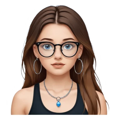 White girl with long brown hair, part going more to the RIGHT side, BLUE eyes, wearing BLACK plastic frame glasses that go from black to CLEAR ombré from top to bottom. SEPTUM nose piercing hoop, AND stud nose piercing on right side of nose. Wearing BLACK tank top. Wearing big hoop earrings  sticker
