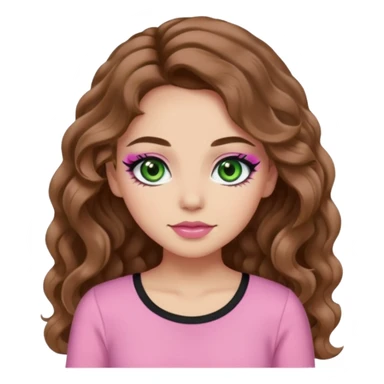  long brown wavy hair, light skin, green eyes, pretty bratz baddie, big plus size , black eyeliner, blush, pink girly top sticker