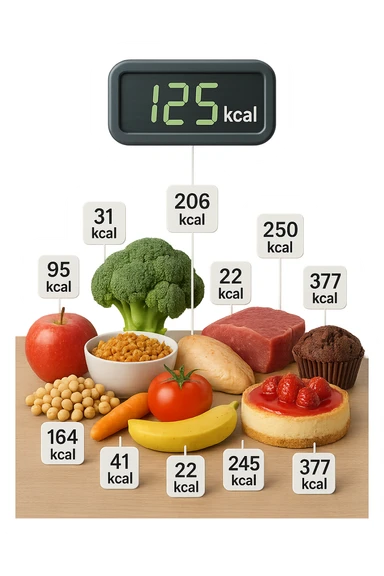 a digital calorie counter hovers above a variety of foods arranged on a table—fruits, vegetables, grains, meats, and desserts. Each food has a floating label showing its calorie content. The background is clean and modern, emphasizing the educational aspect of calorie awareness. sticker
