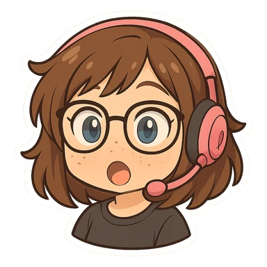 Chibi woman with shoulder length choppy brown hair, pink gaming headset, freckles, glasses, and blue eyes, surprised expression, chibi stickers style, no background. sticker