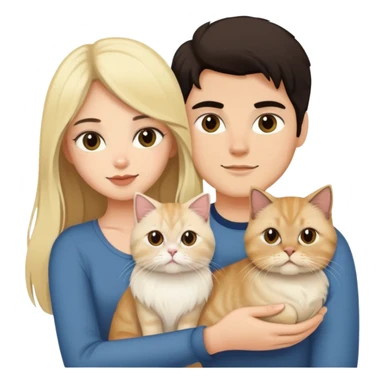 pretty girl with long dark hair holding a blonde persian cat beside her boyfriend holding a small black cat sticker
