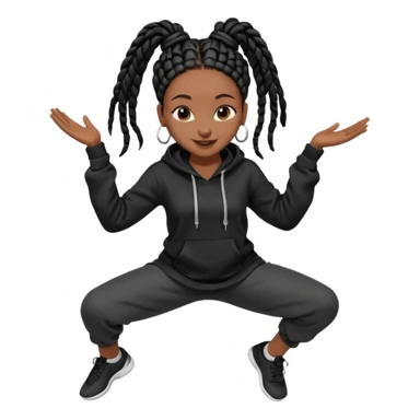 African American girl dark skin complextion long black box braids wrapped in a single bun wearing plain black hoodie dancing sticker