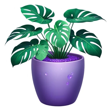 A mesmerizing monstera plant with oversized, surreal deep violet-green leaves, shimmering slightly as if touched by moonlight. The plant sits in an elegant lavender-hued ceramic pot with a glossy, iridescent finish, reflecting subtle purples and blues. Tiny bioluminescent flowers with lilac and indigo petals emerge from the edges of the pot, glowing faintly in the dimly lit atmosphere. The background consists of a mystical, abstract blend of deep purples, blues, and emerald greens, resembling a cosmic nebula. Ethereal, soft light filters in from the side, giving the scene a dreamlike, almost otherworldly quality sticker