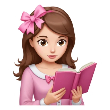 a brown haired, fair skinned female reader reading a pink romance novel with bow sticker