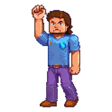 Jack Black as Minecraft Steve in mining pose with arm raised, blocky character with brown hair, blue shirt, and purple pants sticker