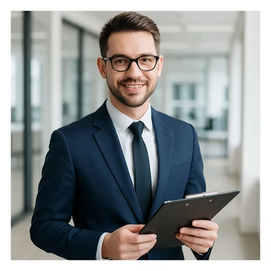 businessman with glasses holding a clipboard, neat hairstyle, modern office vibe sticker