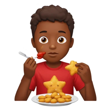 A boy with dark skin wearing a red and yellow t-shirt, eating star-shaped chicken nuggets with ketchup sauce. sticker