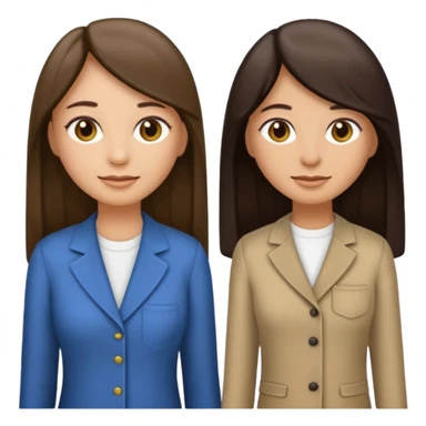 generate me emojis of sisters, one should look older, the other younger. the older one has dark brown hair, long, straight, the younger one is slightly lighter, also straight, long. clothes are any in principle, the main thing is that they more or less look like each other sticker
