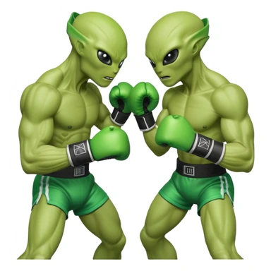 two aliens boxing in a fight stance, facing each other with raised gloves, dynamic action pose, intense expressions, sci-fi arena vibe, 3D cartoon style, mobile game icon style, clean background, no text, no watermark
 sticker