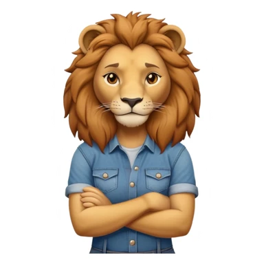 female anthropomorphised lion character standing confidently with arms folded wearing jeans and a t-shirt sticker