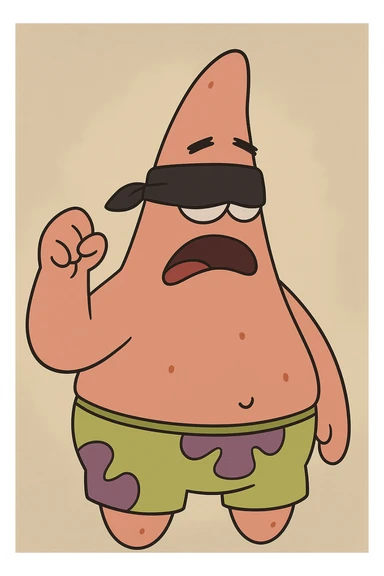 Patrick Star from SpongeBob SquarePants wearing a blindfold, cartoon style sticker