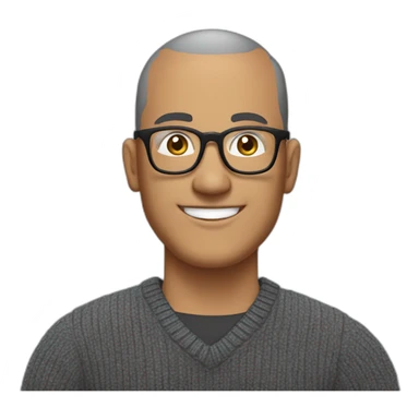 Middle age man with buzz cut salt and pepper hair, thick frame glasses, with a round face and broad smile, wearing a v-neck sweater sticker
