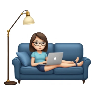 A girl is working with a laptop while lying on a sofa, with a floor lamp to the right. sticker