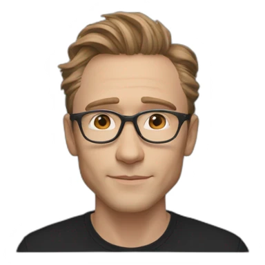 Light Brown guy, hair nose and lips like Tom Hiddleston, no facial hair, transparent round glasses, black t shirt sticker