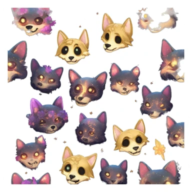 Black iridescent dog fox zombie skeleton gold mechanical nebula galaxy stars flowers fairy lights vintage sticker