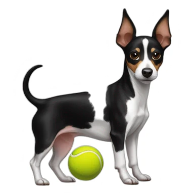 rat terrier colored like a black and white cow with tennis ball sticker