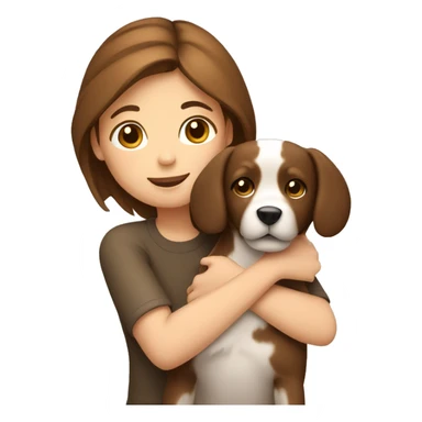 A girl with brown hair hugs a dog sticker