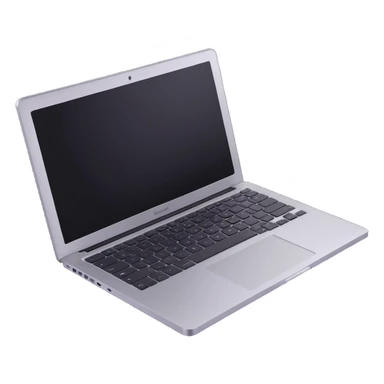 3D illustration of a MacBook laptop, slightly open, showing keyboard, metallic silver, realistic style sticker