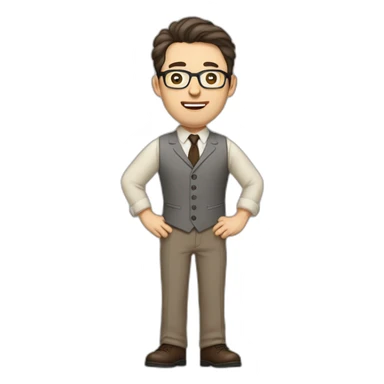 Full height Pale skinned Fit Man With dark brown hair in gray jacket, vest, tie, beige office shirt, Brown pants and vintage glasses. Thrumbs of his palms directed up sticker
