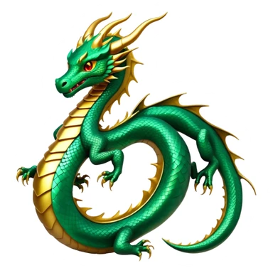 cinematic-noble-dragon-full body-emoji,-poised-and-majestic,-with-a-sinuous,-elongated-build-and-shimmering,-scale-covered-skin-in-hues-of-emerald-and-gold,-piercing,-fiery-eyes,-simplified-yet-sharp-and-sophisticated-features,-highly-detailed, zoomed out showing the serpentine body sticker