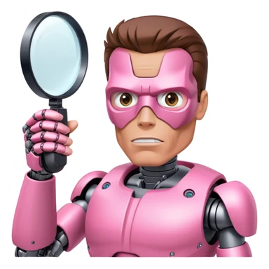 schwarzenegger-looking half robotic half human pink terminator holding magnifying glass, upper body sticker