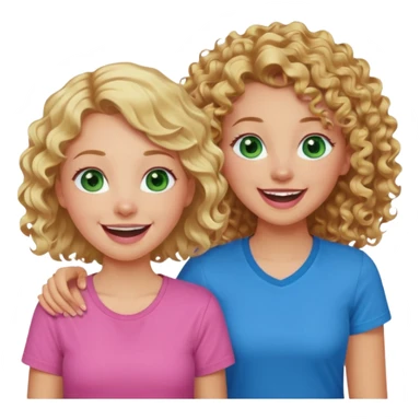 A blonde girl with green eyes and a pink shirt laughing with a dark tan girl with curly brown hair and blue eyes and a blue shirt sticker