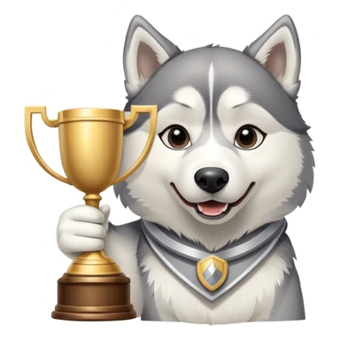 Triumphant husky dog with trophy sticker