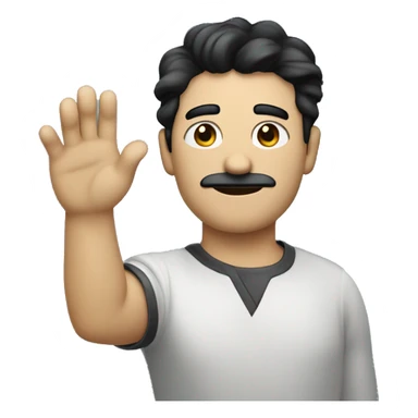 Light man with black little mustache and black hair going to the left direction messy hair blue eyes raising his hand sticker