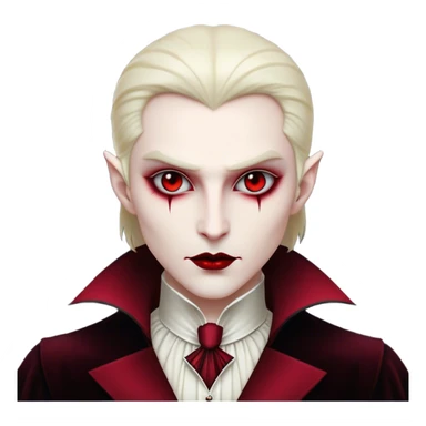 Cinematic Noble Vampire Portrait Emoji, Elegant and commanding, with a refined, pale visage framed by dark, velvet accents and a hint of crimson, exuding timeless seduction and dangerous allure, simplified yet exquisitely detailed, glowing with a soft nocturnal radiance and a subtle, mysterious outline that captures the regal spirit of an immortal lord of the night! sticker