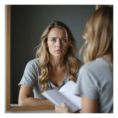 adult woman, photorealistic, diet plateau phase, sitting in front of mirror, open food diary, fixed and discouraged gaze, natural light, bedroom background sticker