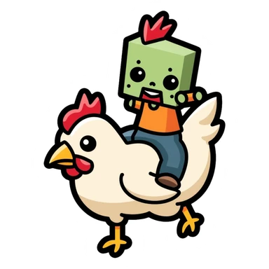 Minecraft chicken jockey - a small pixelated baby zombie riding on top of a white chicken, blocky style sticker