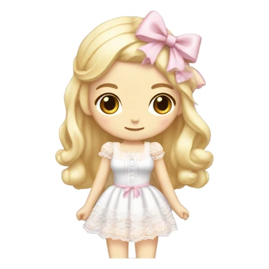 full body, woman standing, pale skin, long blonde hair, wearing lolita pink dress with white lace, wearing a pretty white bow on top of her head sticker