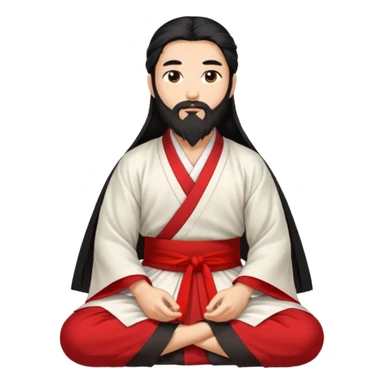 Beautiful man with lightly tan skin and dark long beard, long hair, in red and white Hanfu sitting on the ground sticker