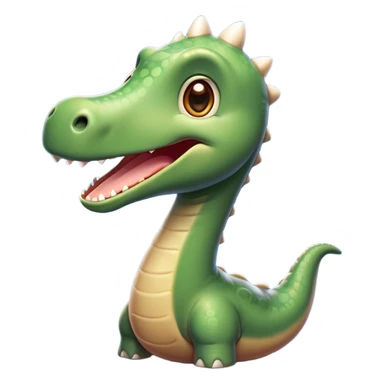 Cinematic Cute Brontosaurus Portrait Emoji, Head tilted playfully with a gentle smile, featuring a charming, massive form with an elongated neck and a small, endearing head adorned with bright, curious eyes, Simplified yet irresistibly adorable features, highly detailed, glowing with a warm, inviting prehistoric glow, high shine, affectionate and lively, stylized with a touch of whimsical ancient charm, soft glowing outline, capturing the essence of a playful Brontosaurus that seems as if it could amble out of the screen into your arms! sticker