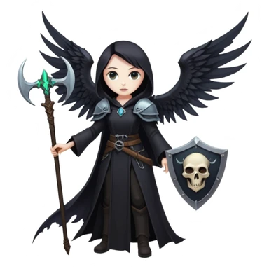 Necromancer girl with wings, a scythe and shield, in front of a dead mage sticker