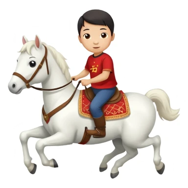 A Chinese little boy is riding a cute white small horse, and the horse is running. The blanket on the saddle says ‘2026.’  (2026 MUST HAVE) 。 sticker