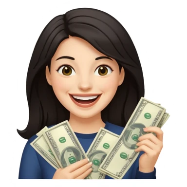 laughing dark haired woman holding lots of money sticker