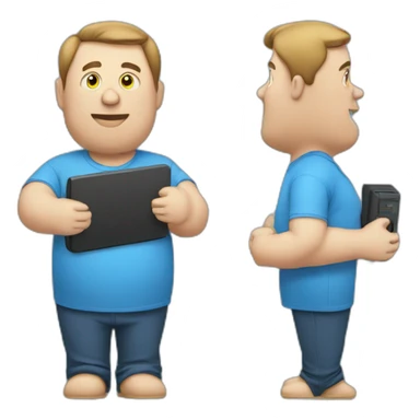 fat man in a blue shirt using a computer sticker
