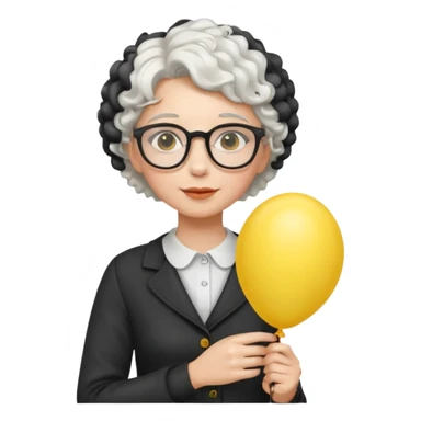 woman with short curly white hair and wearing glasses, holding yellow balloon sticker