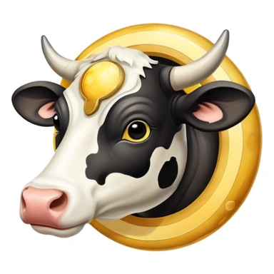 A spotted black and white cow head with Saturn's yellow-beige planet as the body and its iconic rings around the middle sticker