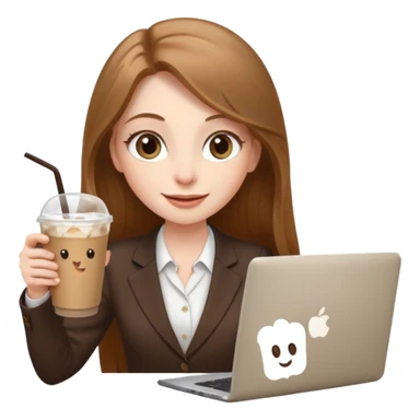 Women in front of laptop with a happy face, face a little fuller, long light brown hair, light brown big eyes, light pale skin with a iced coffee on the side, business attire sticker