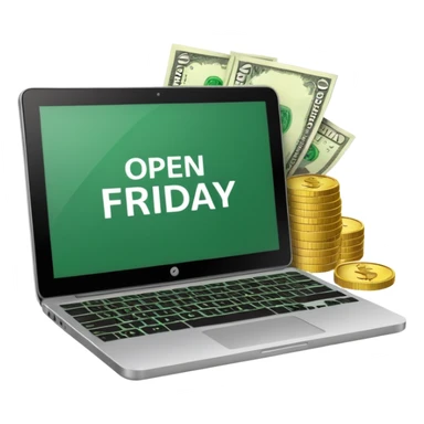 green laptop with black friday deals with coins and money tab open on it with Black Friday wrote sticker